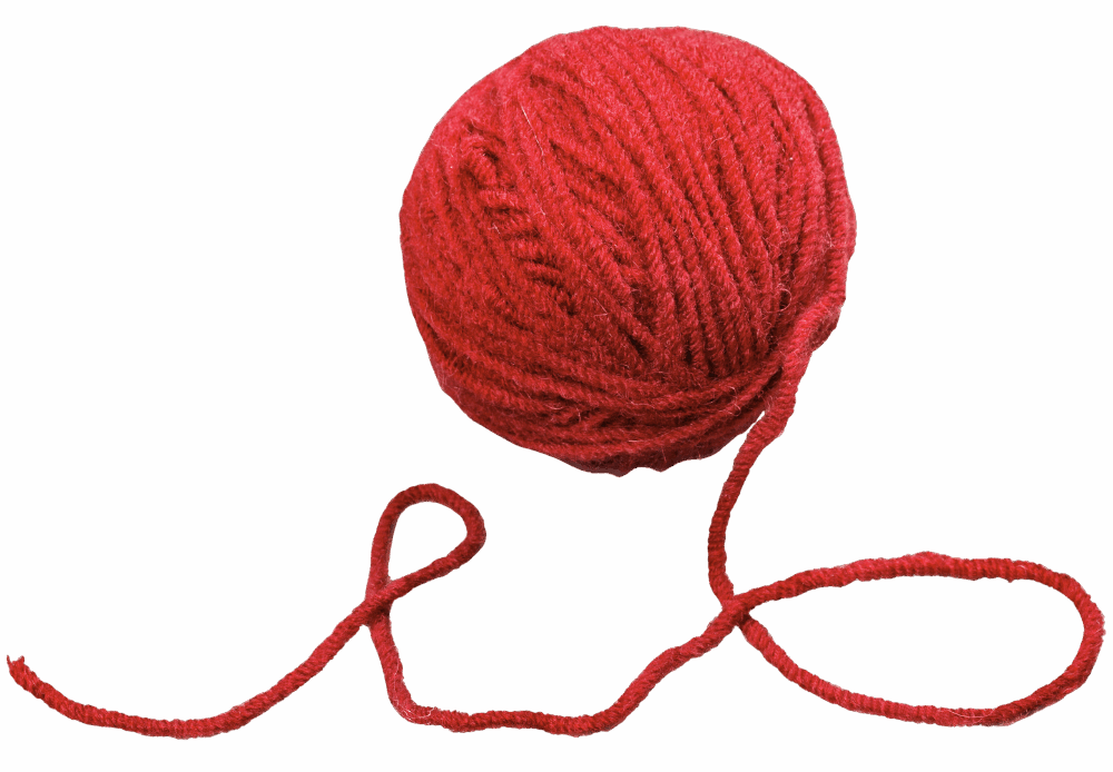 Rotes Wollknäuel mit losem Faden auf transparentem Hintergrund.