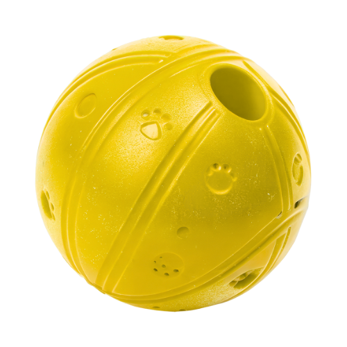 Gelber Gummi-Spielball mit Öffnungen und Pfotenprägungen.